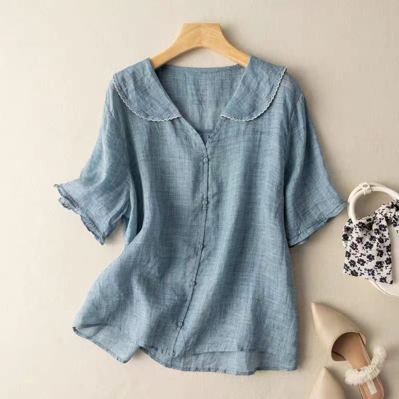 Sabrina Linen Blouse in Light Blue — gossamer linen blouse with lace collar and ruffle sleeves