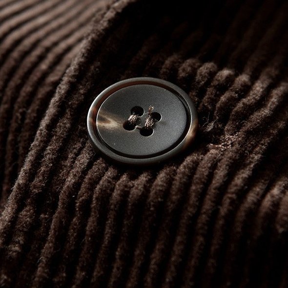 Soren Corduroy Blazer in Dark Brown — close-up of corduroy button