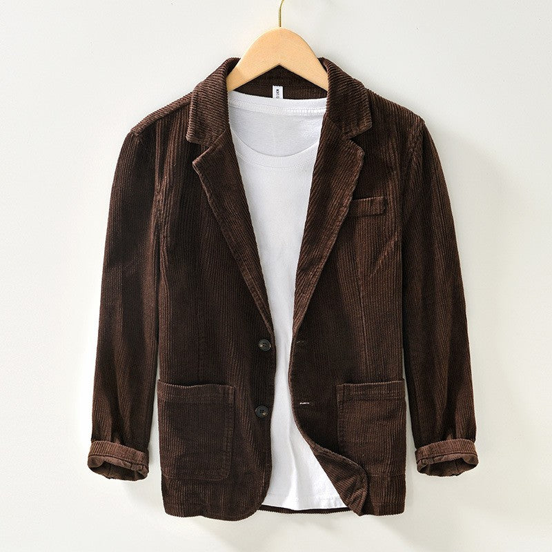 Soren Corduroy Blazer in Dark Brown — men's wale corduroy blazer with notched lapel and tailored waist