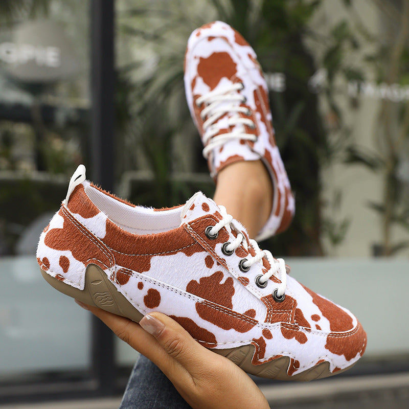 Bea Court Sneakers in Brown cow print — lace-up sneaker with cushioned footbed