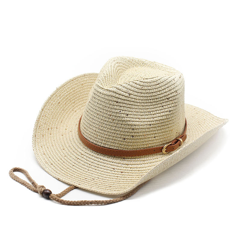 Saffron Woven Hat in Cream — straw cowboy hat with western leather band
