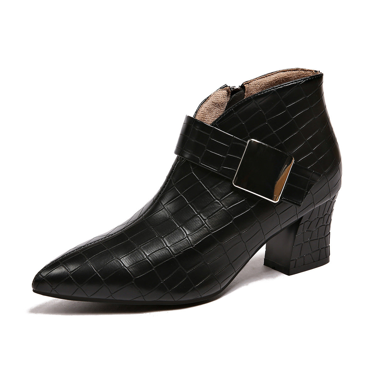 Scarlett Pointed Boots in Black — croc-textured pointed ankle boots with a square buckle plate