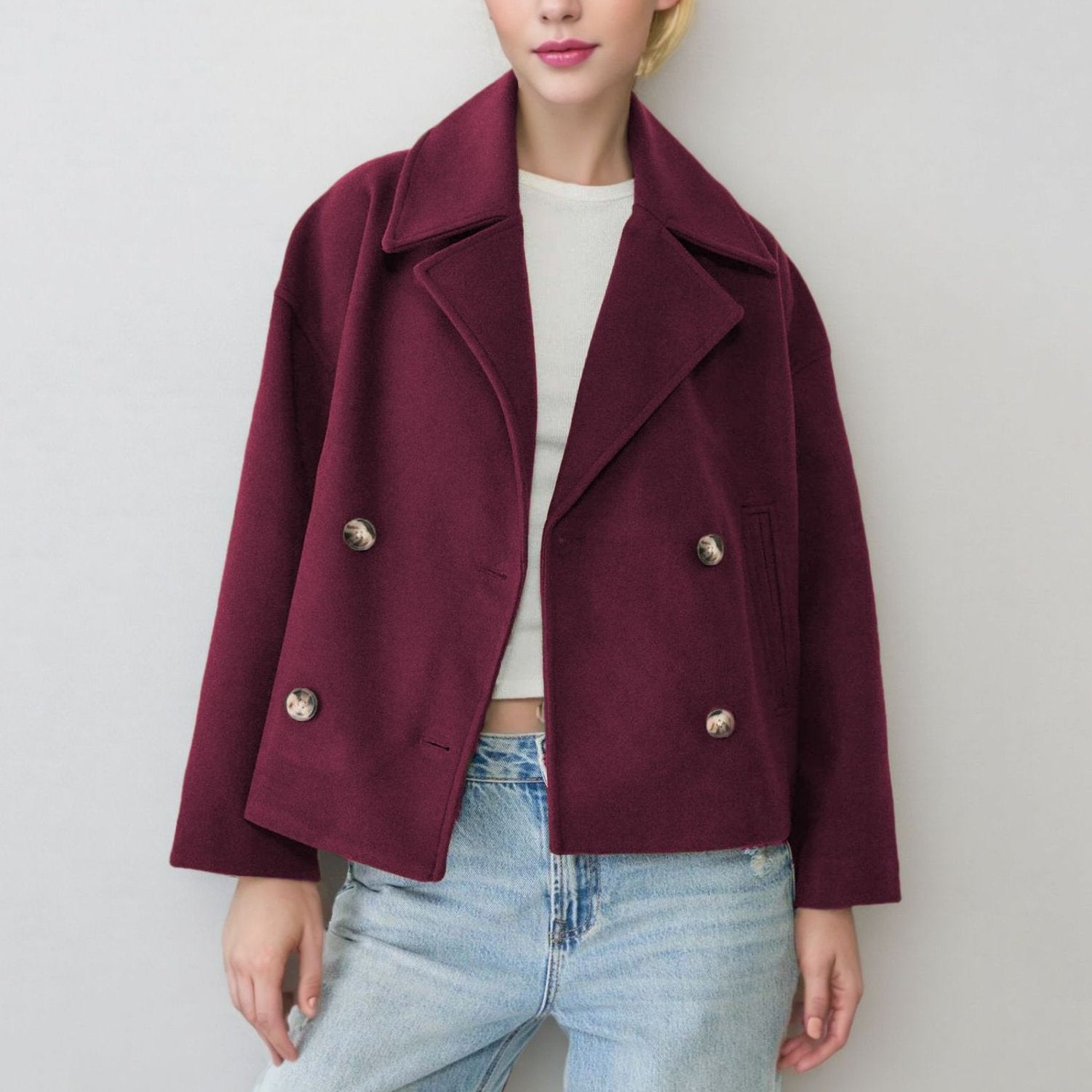 Elle Cropped Peacoat in Black — structured wool double-breasted coat