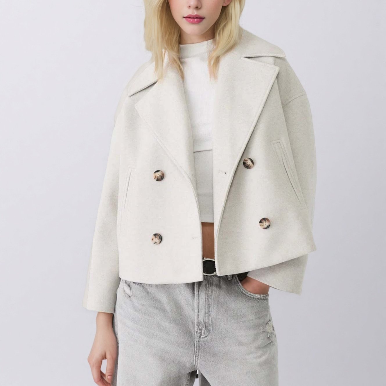 Elle Cropped Peacoat in Burgundy — structured wool double-breasted coat