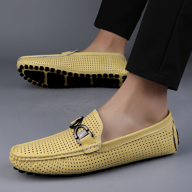 Rafferty Loafers in Yellow — breathable perforated driving loafers on model