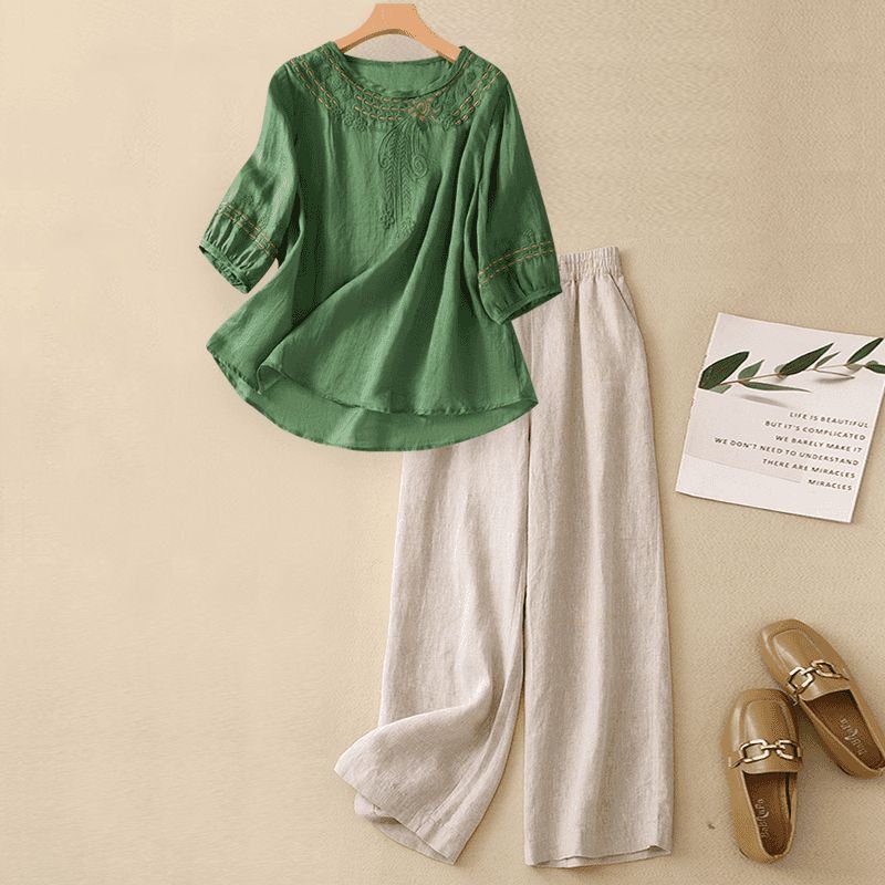 Aurelia Linen Set in Green — featherweight embroidered linen two-piece