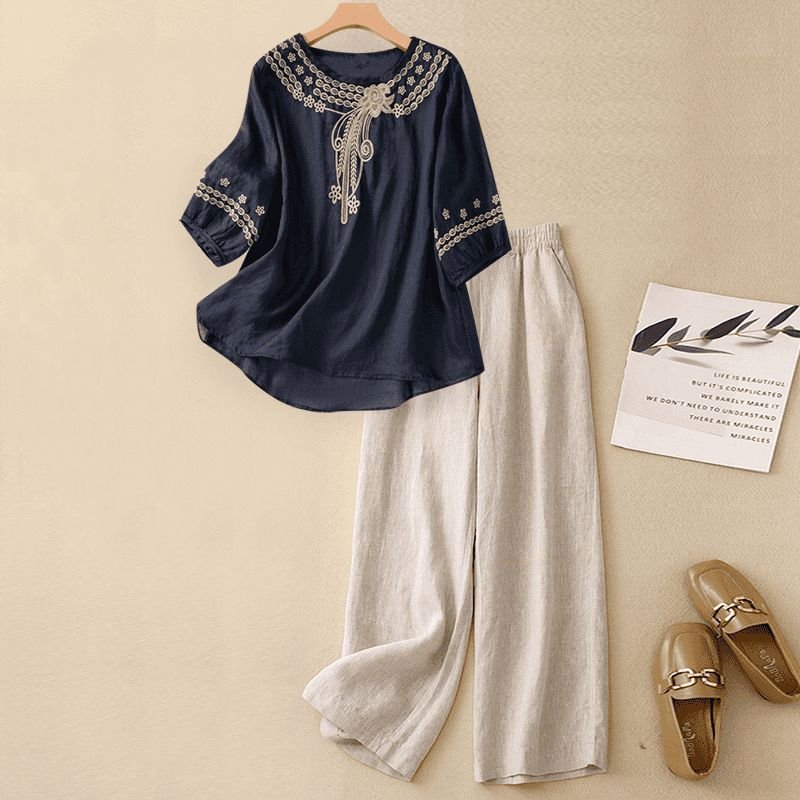 Aurelia Linen Set in Navy Blue — featherweight embroidered linen two-piece
