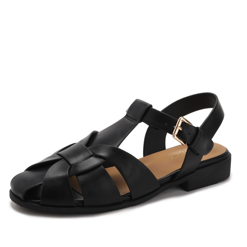 Sabrina Leather Sandals in Black — caged fisherman sandals with T-strap and ankle buckle