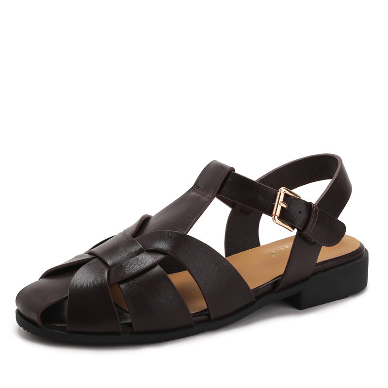 Sabrina Leather Sandals in Dark Brown — caged fisherman sandals with T-strap and ankle buckle
