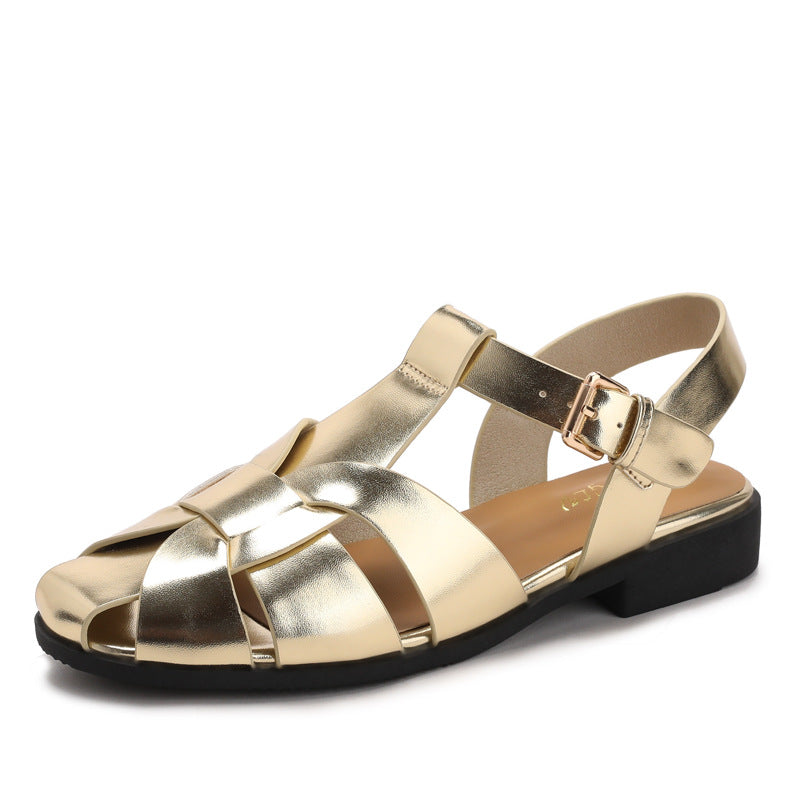 Sabrina Leather Sandals in Gold — caged fisherman sandals with T-strap and ankle buckle