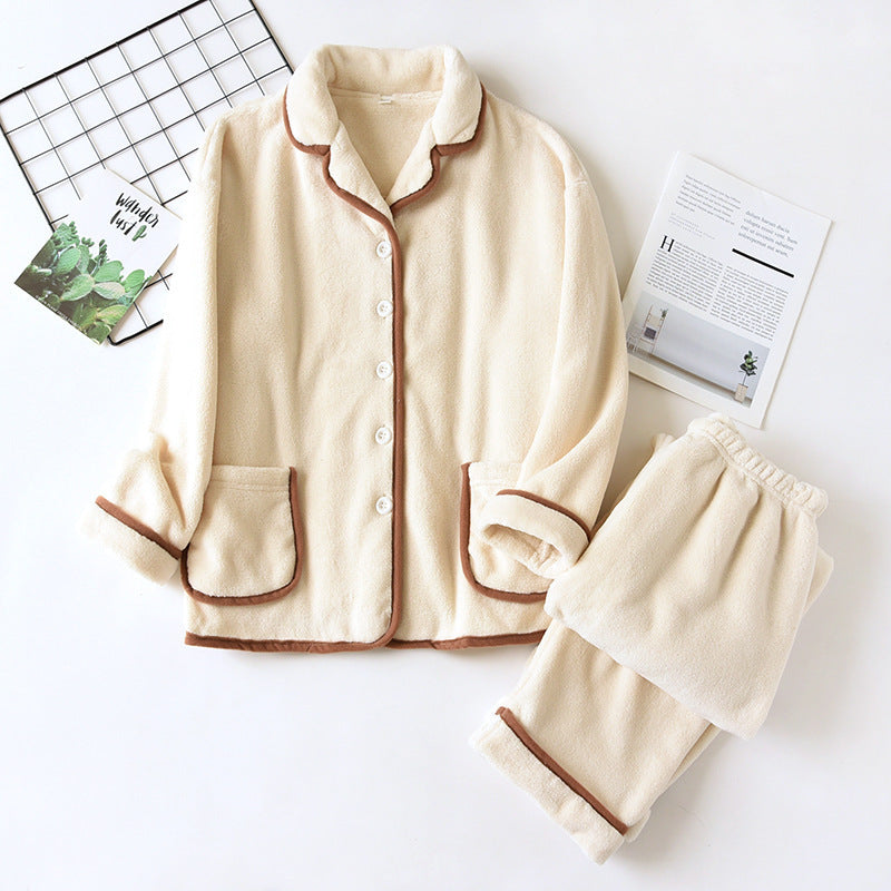 Emery Pajama Set in Cream — fleece top with brown contrast piping and patch pockets