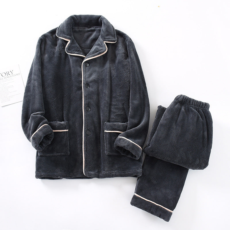 Emery Pajama Set in Dark Gray — fleece button-front top with cream piping
