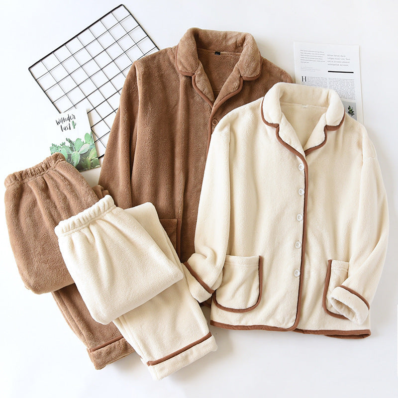 Emery Pajama Set in Light Brown and Cream — flat lay of both fleece colorways