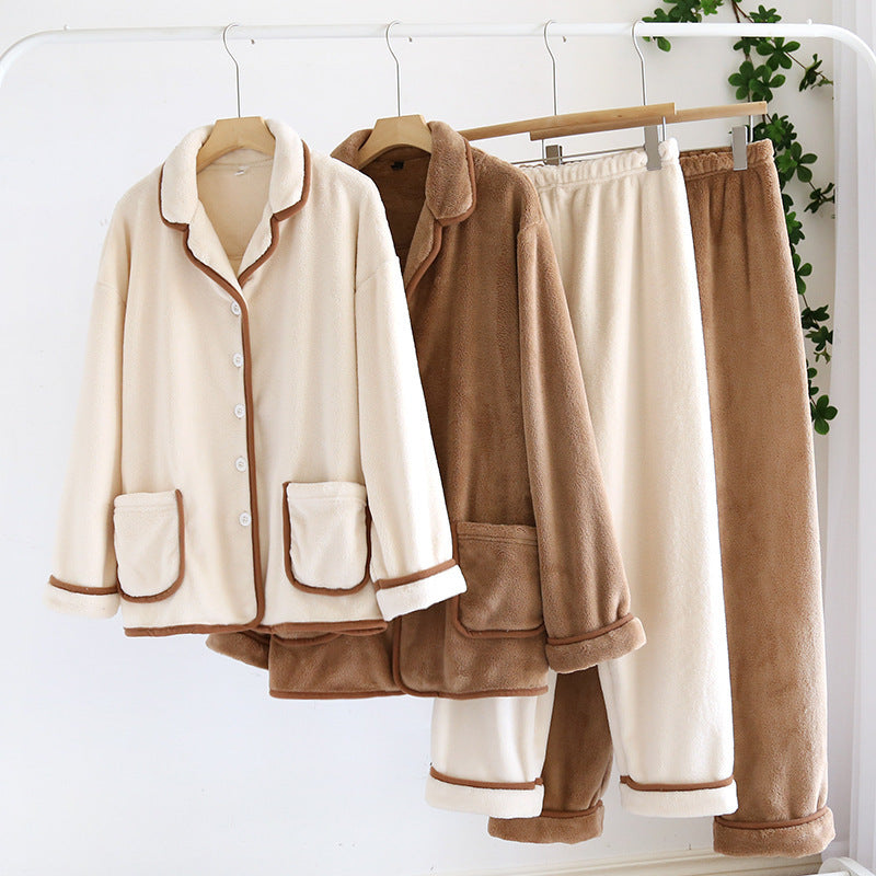 Emery Pajama Set in Light Brown and Cream — fleece sets shown on hangers