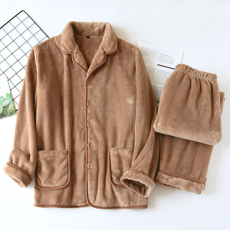 Emery Pajama Set in Light Brown — soft fleece top with contrast piped trim
