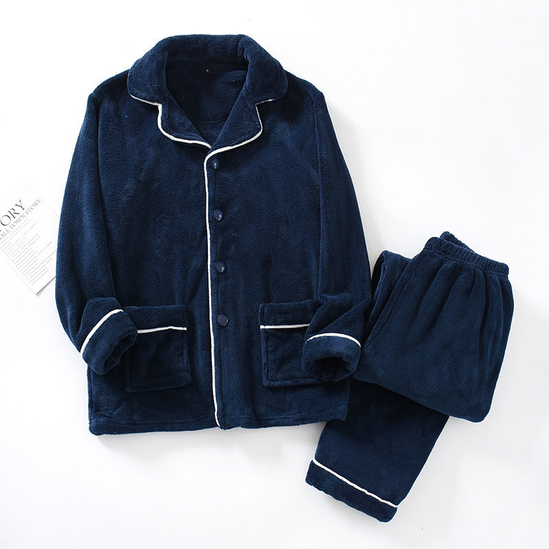 Emery Pajama Set in Navy Blue — fleece pajama top with white contrast piping