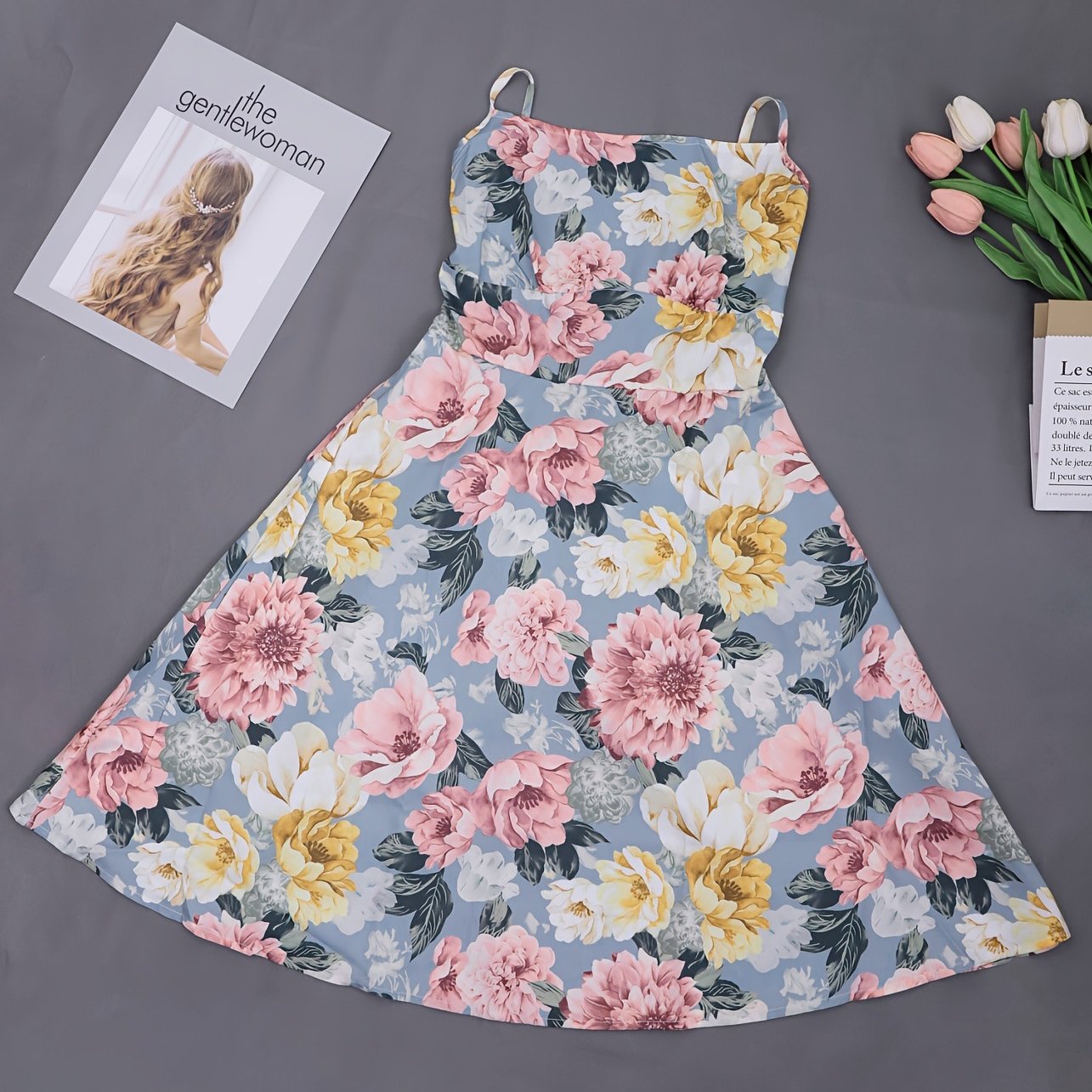Serafina Summer Dress in Blue — floral midi with spaghetti straps