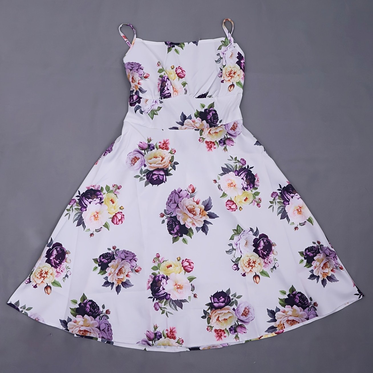 Serafina Summer Dress in Purple — floral midi with spaghetti straps