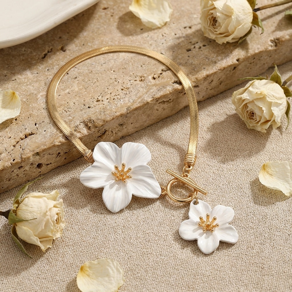 Lily Flower Anklet in White — gold-tone chain with flower charm