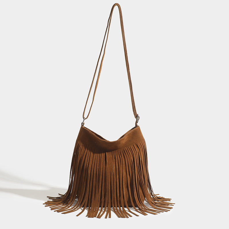 Chiara Fringe Bag in Brown — suede fringe crossbody bag
