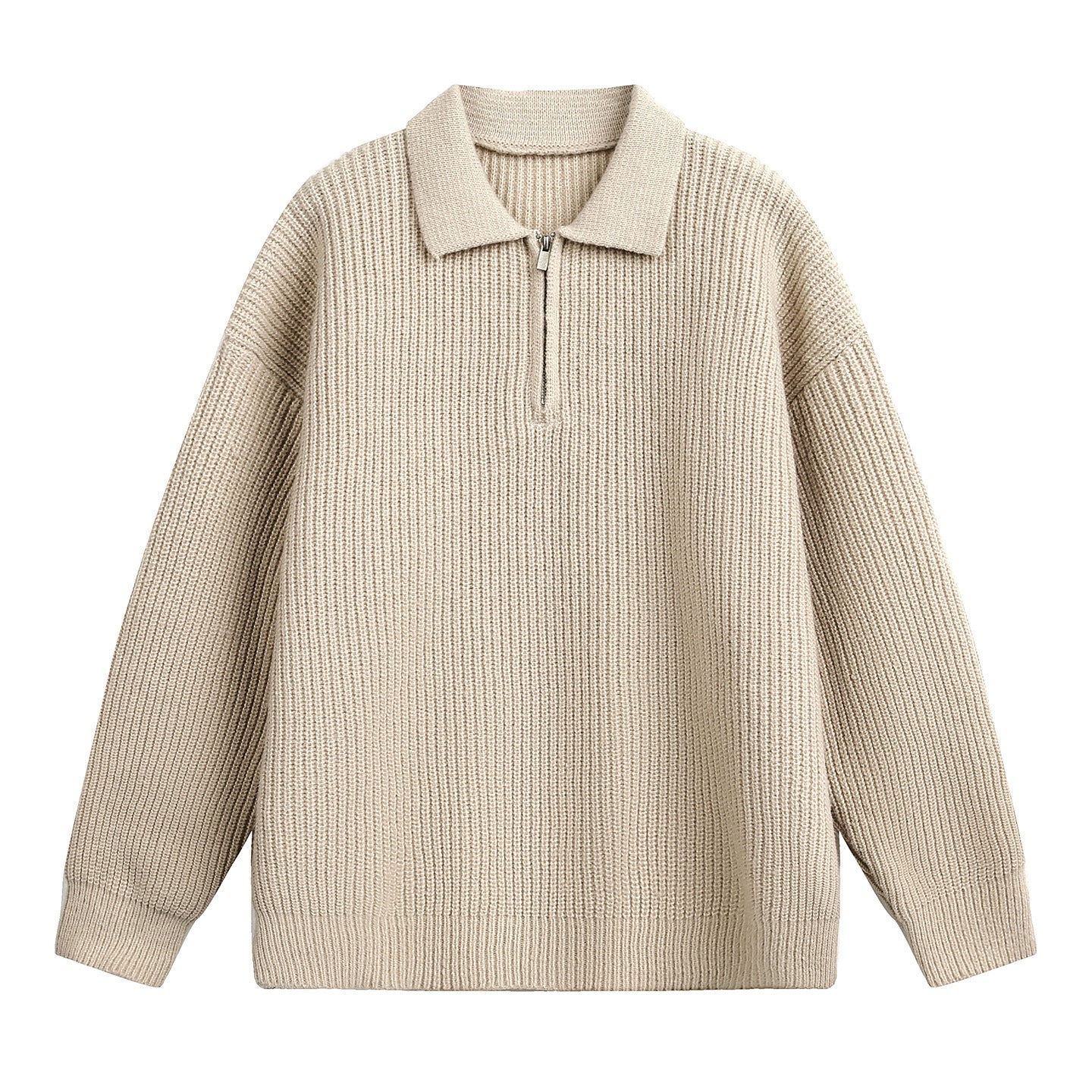 Weston Quarter-Zip Sweater in Beige — thick ribbed knit pullover