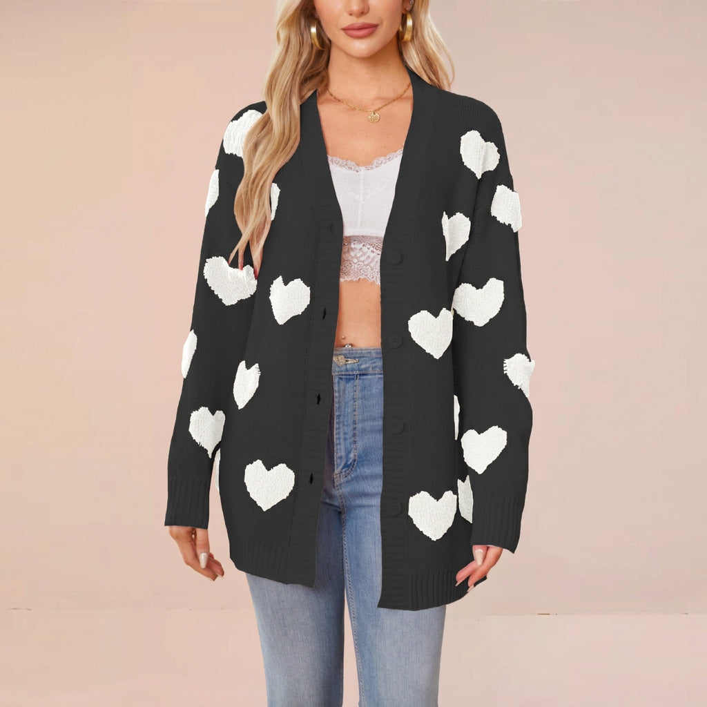 Mira Heart Cardigan in Cream — soft plush knit with fuzzy heart appliqués