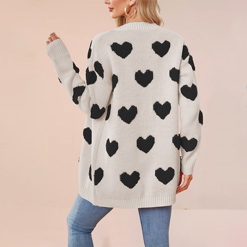 Mira Heart Cardigan in White — soft plush knit with fuzzy heart appliqués