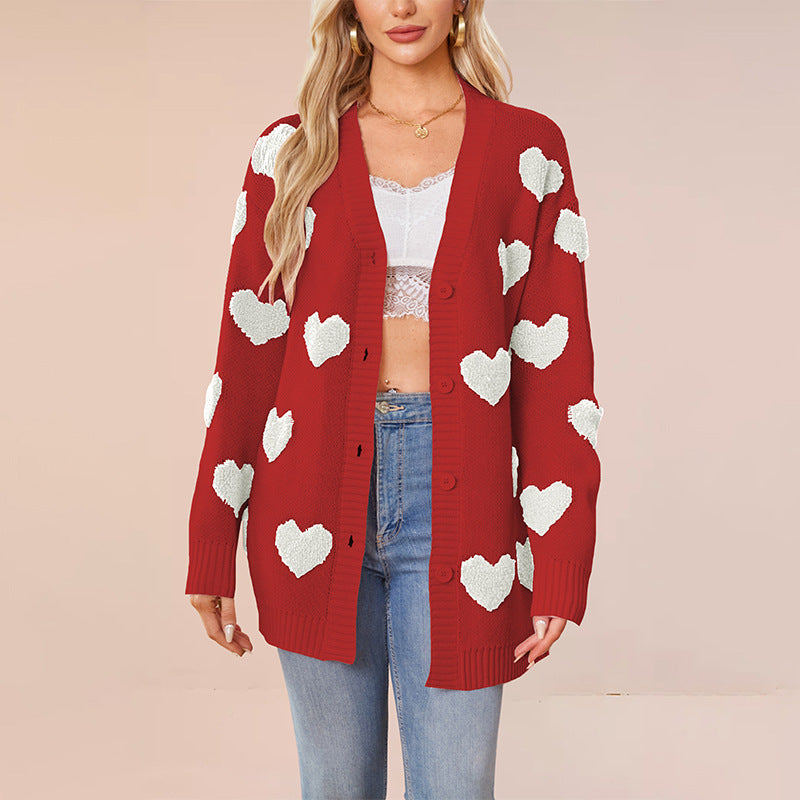 Mira Heart Cardigan in Black — soft plush knit with fuzzy heart appliqués