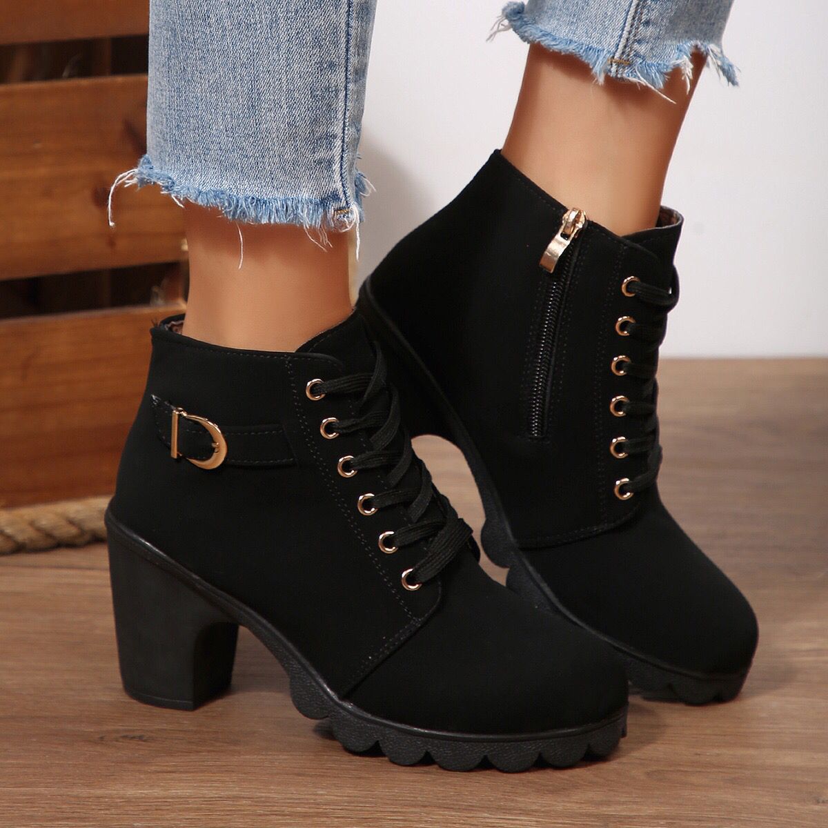Cara Platform Boots in Black — front view of the suede lace-up upper