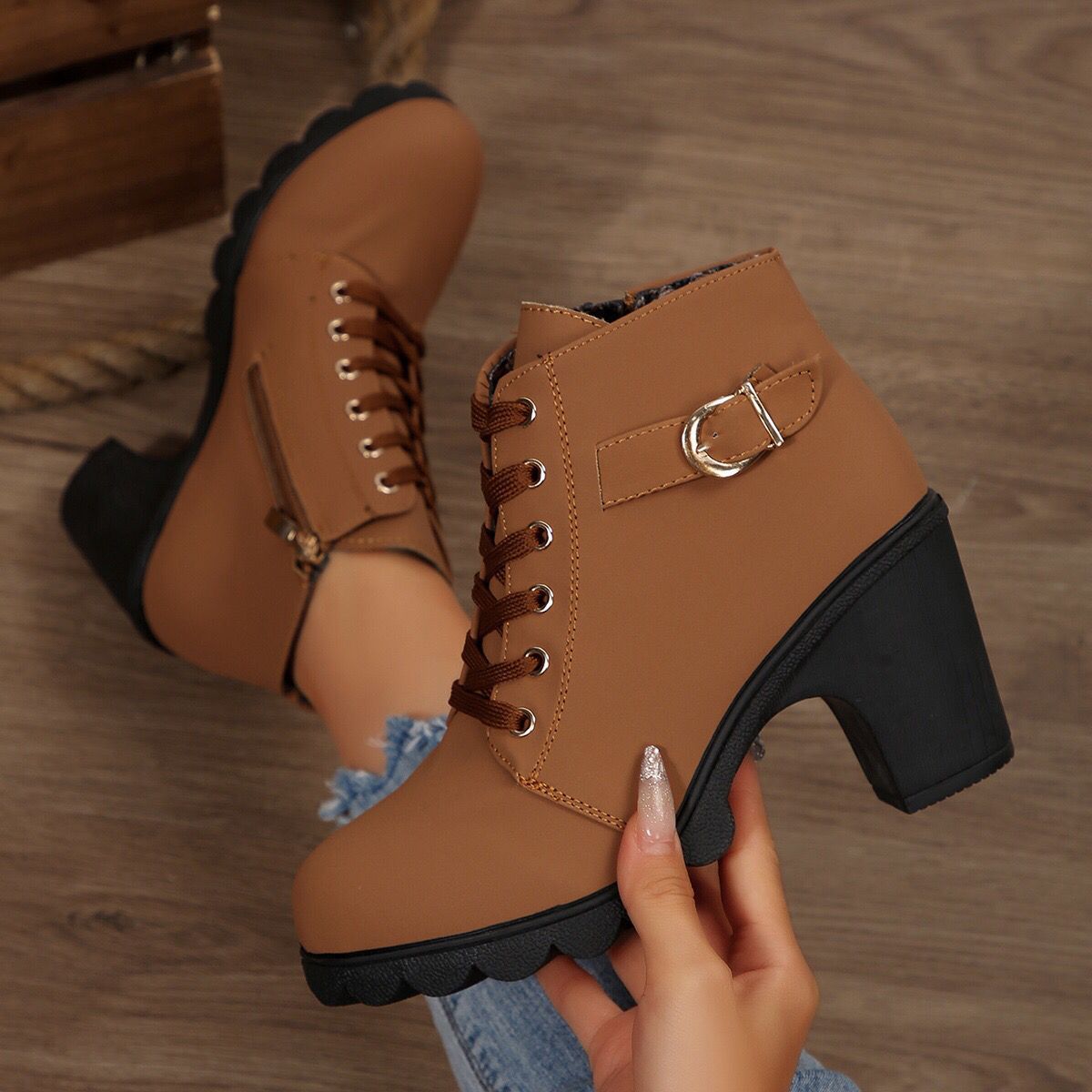 Cara Platform Boots in Light Brown — close-up of the gold buckle strap and eyelets