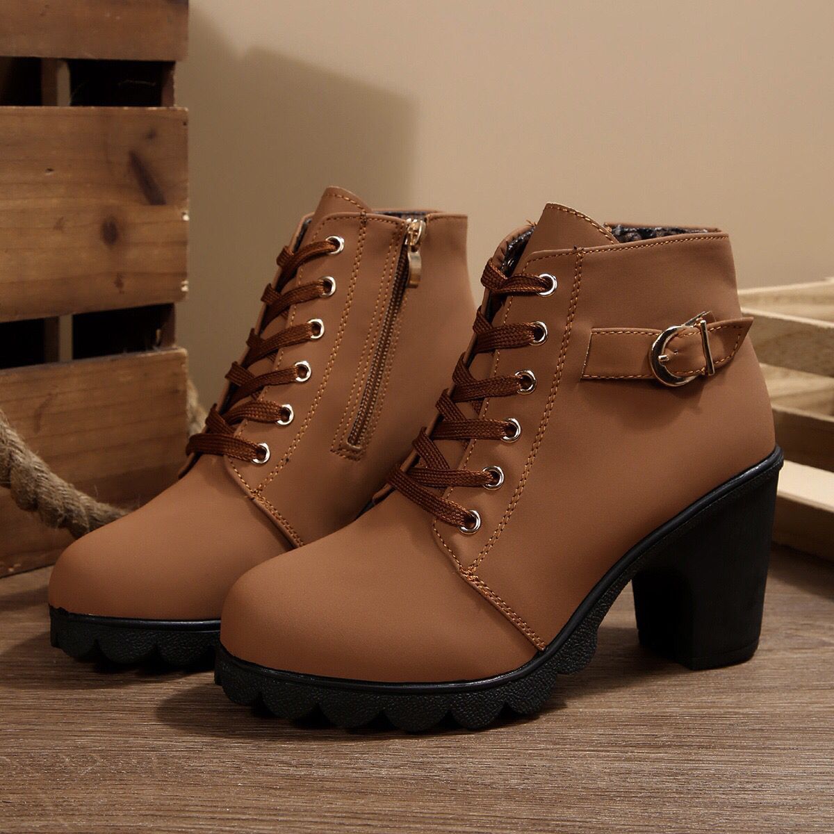 Cara Platform Boots in Light Brown — front view of the suede lace-up upper