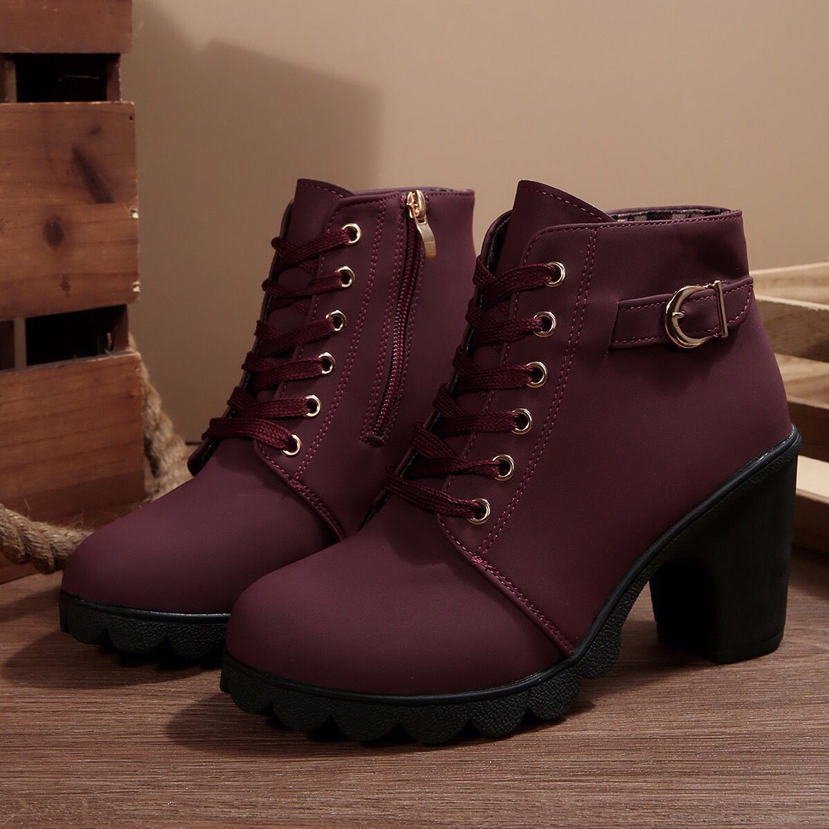Cara Platform Boots in Burgundy — front view of the suede lace-up upper