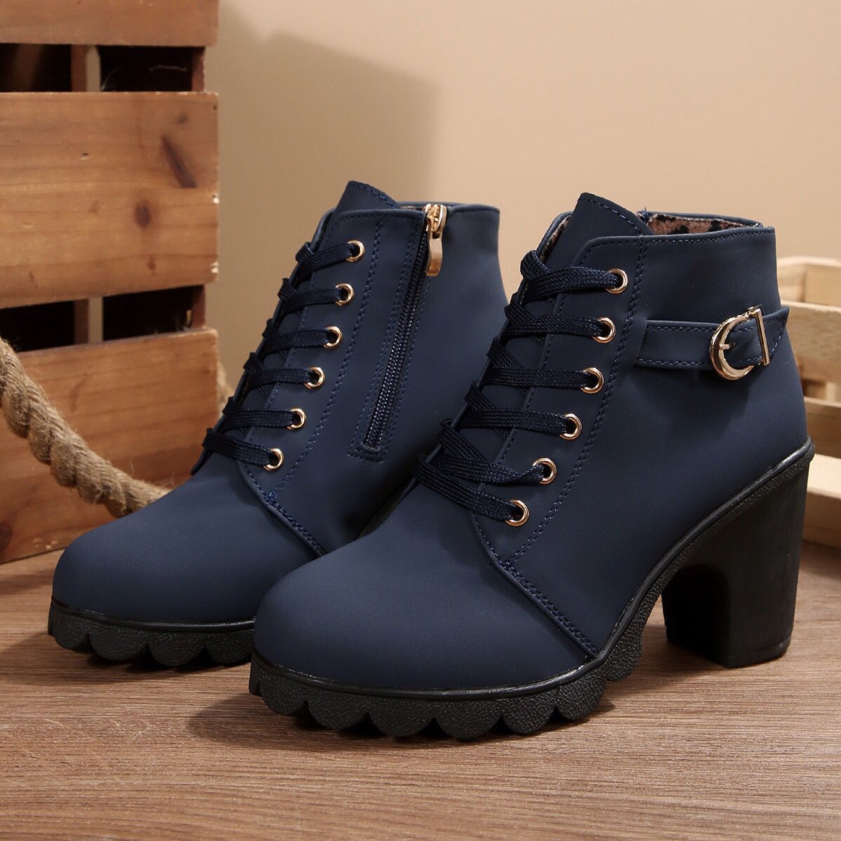 Cara Platform Boots in Navy Blue — front view of the suede lace-up upper