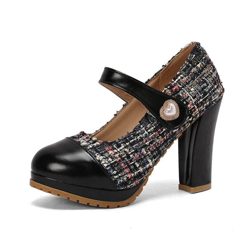 Nora Platform Heels in Black — tweed Mary-Jane pump with pearl strap