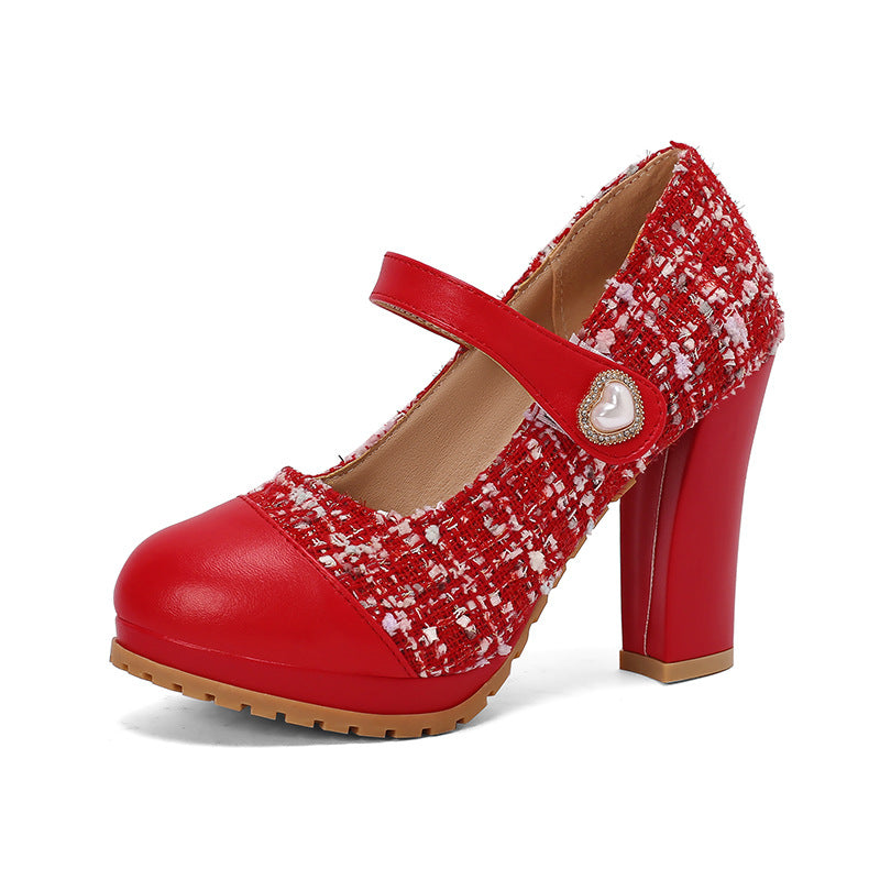 Nora Platform Heels in Red — tweed Mary-Jane pump with pearl strap