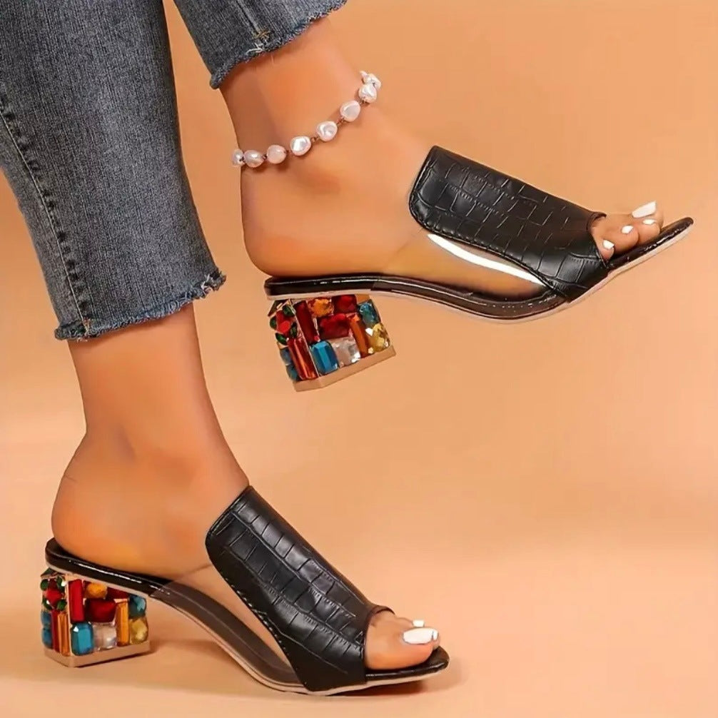 Lucia Gemstone Heels in Black — jeweled clear block heel mule