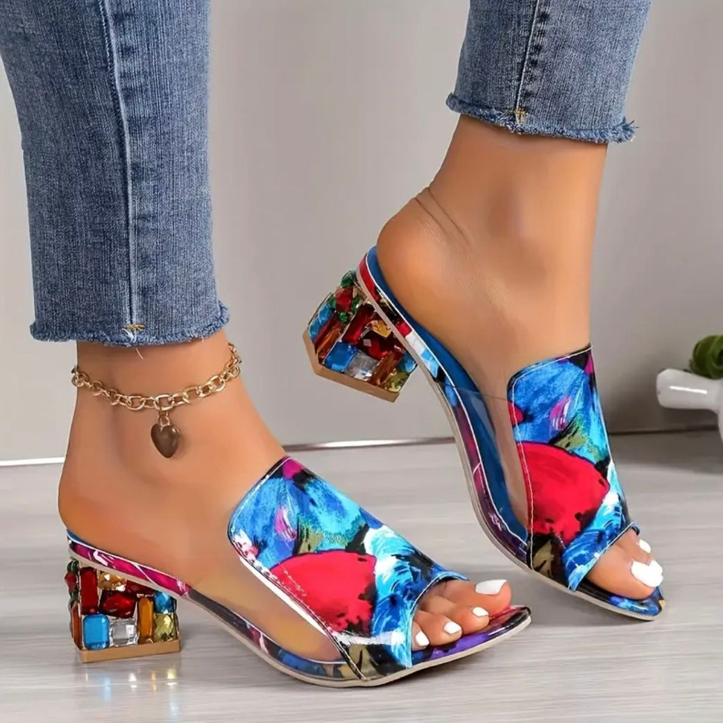 Lucia Gemstone Heels in Blue on model — jeweled clear block heel mule