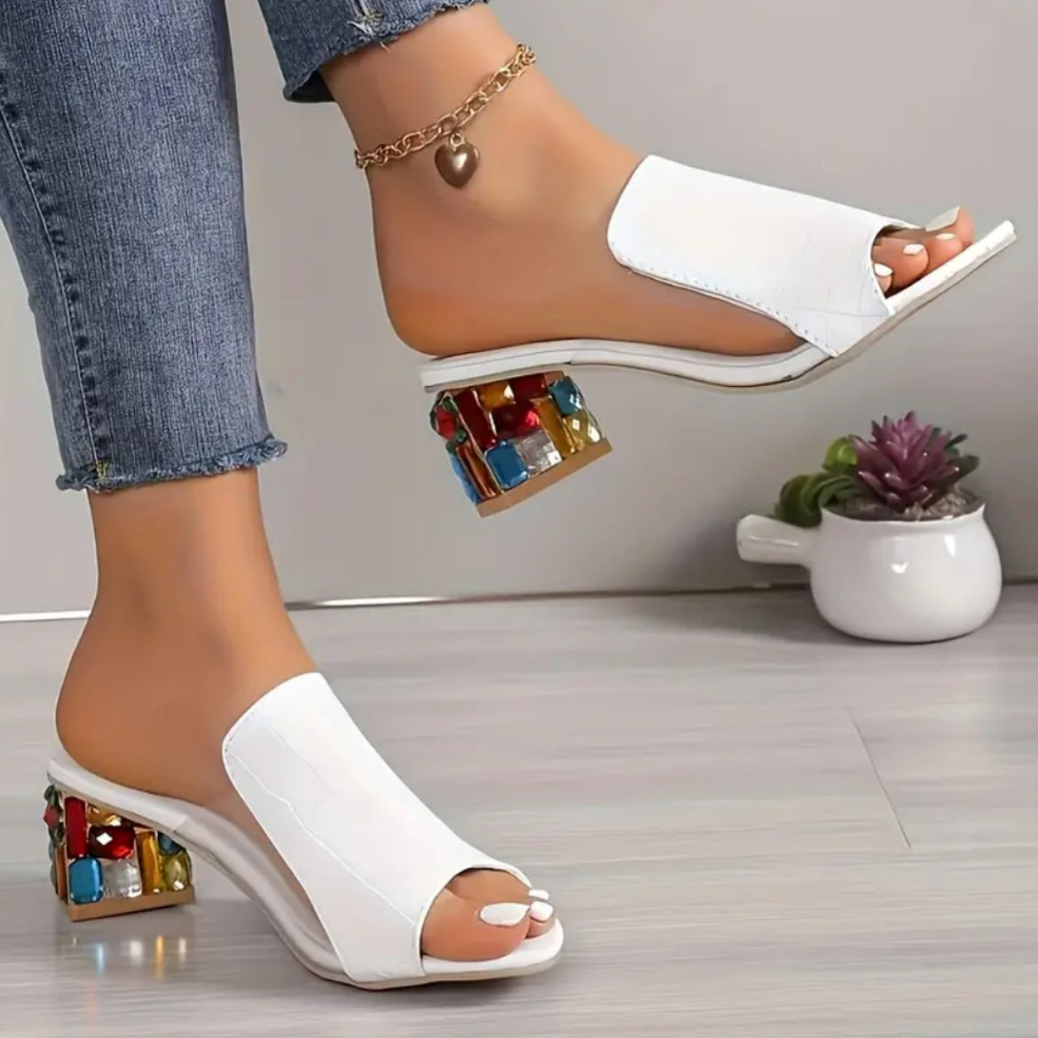 Lucia Gemstone Heels in White — jeweled clear block heel mule