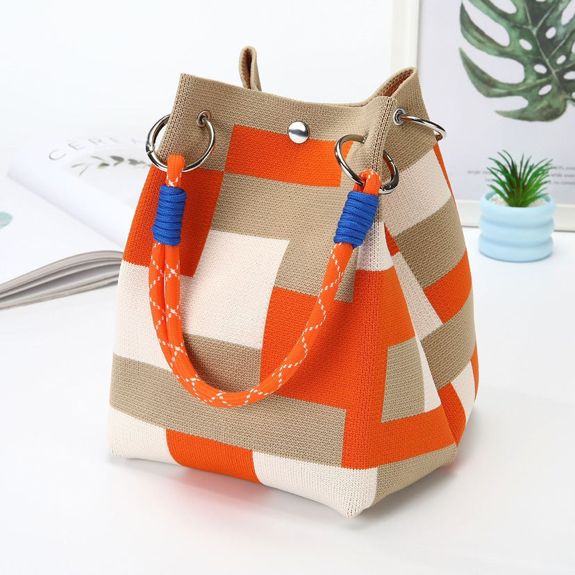 Gia Knit Bag in Orange — colorblock knit bucket bag with rope handles