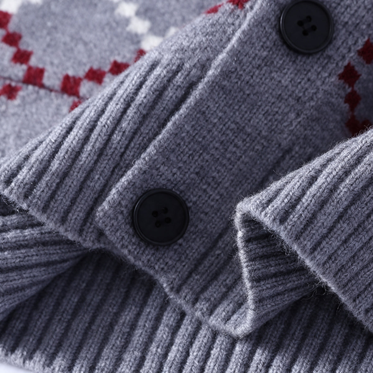 Callum Knit Cardigan in Gray — front button detail
