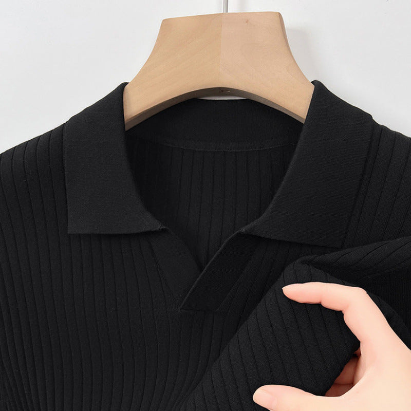 Calder Ribbed Polo in Black — textured knit V-neck polo shirt