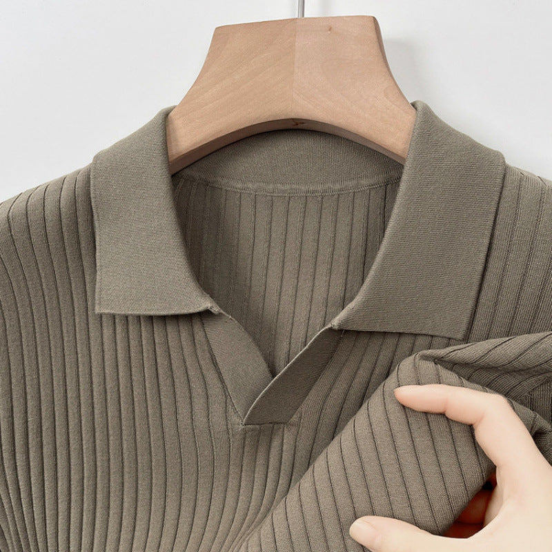 Calder Ribbed Polo in Olive — textured knit V-neck polo shirt