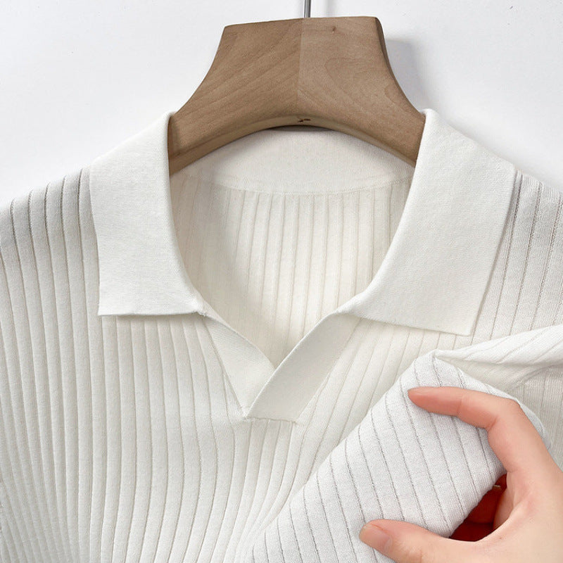 Calder Ribbed Polo in White — textured knit V-neck polo shirt