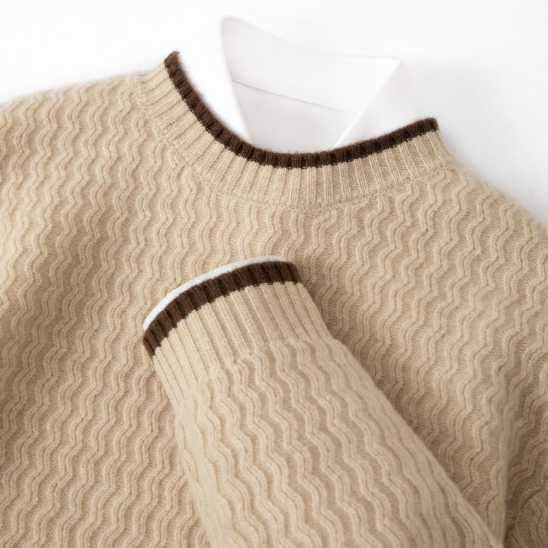 Hudson Knit Sweater in Beige — closeup of contrast collar and cuff