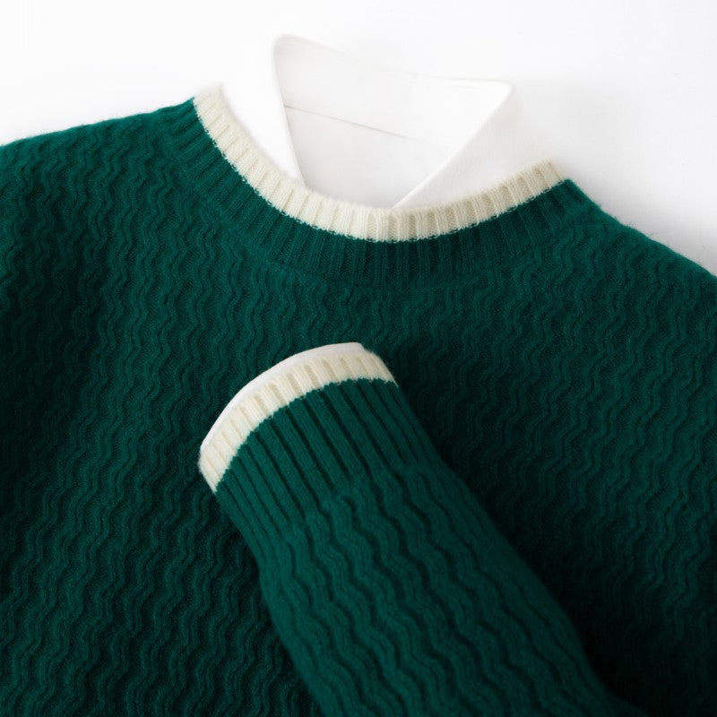 Hudson Knit Sweater in Dark Green — closeup of wavy knit texture