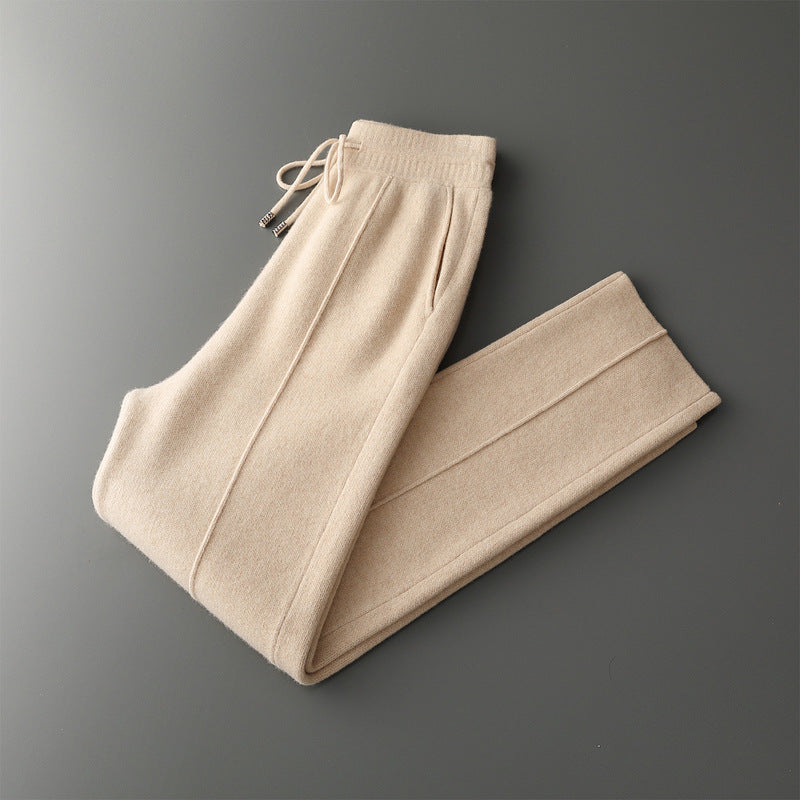 Margot Cashmere Trousers in Beige — folded knit trousers with pintuck crease