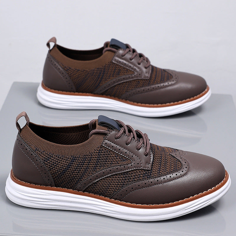Elio Brogue Sneakers in Brown — men's knit-and-leather brogue dress sneaker, pair view