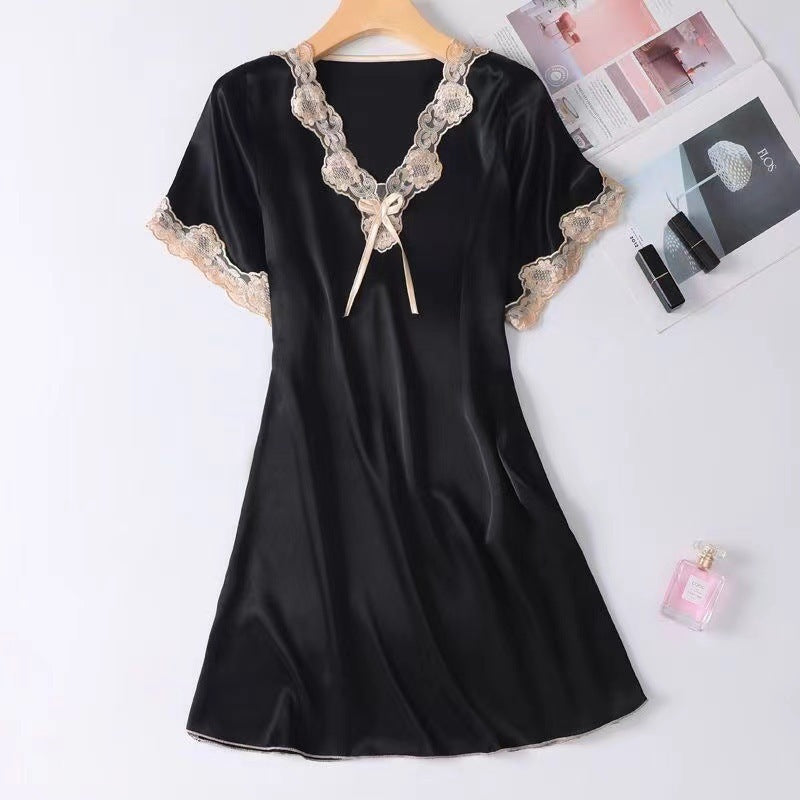 Selina Satin Nightgown in Black — silky satin lace-trim nightgown with bow