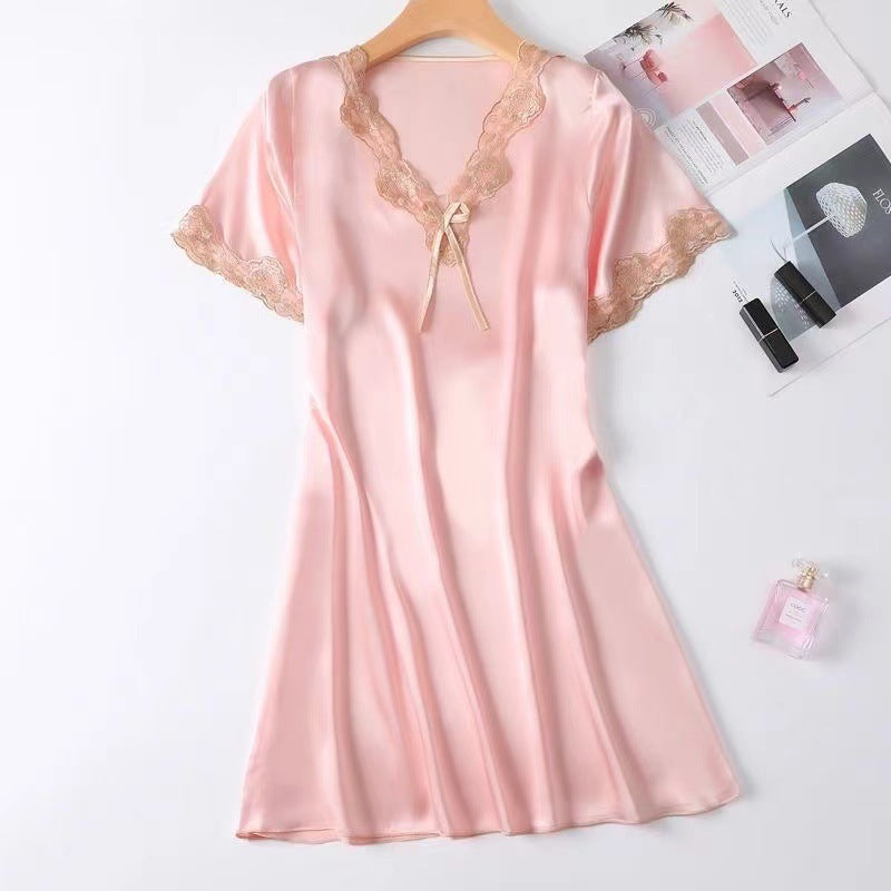 Selina Satin Nightgown in Light Pink — silky satin lace-trim nightgown with bow