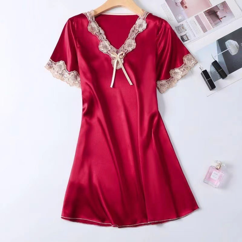 Selina Satin Nightgown in Red — silky satin lace-trim nightgown with bow